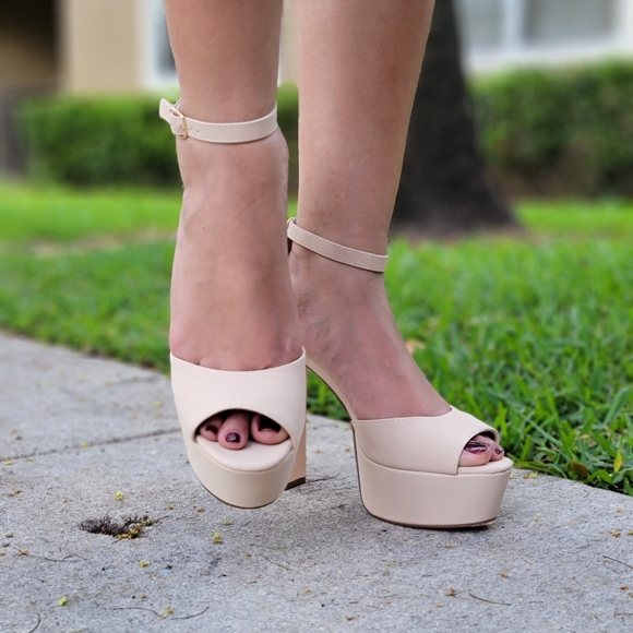 Nude High Chunky Heel Platform Ankle Strap Pump - Picture 7 of 9